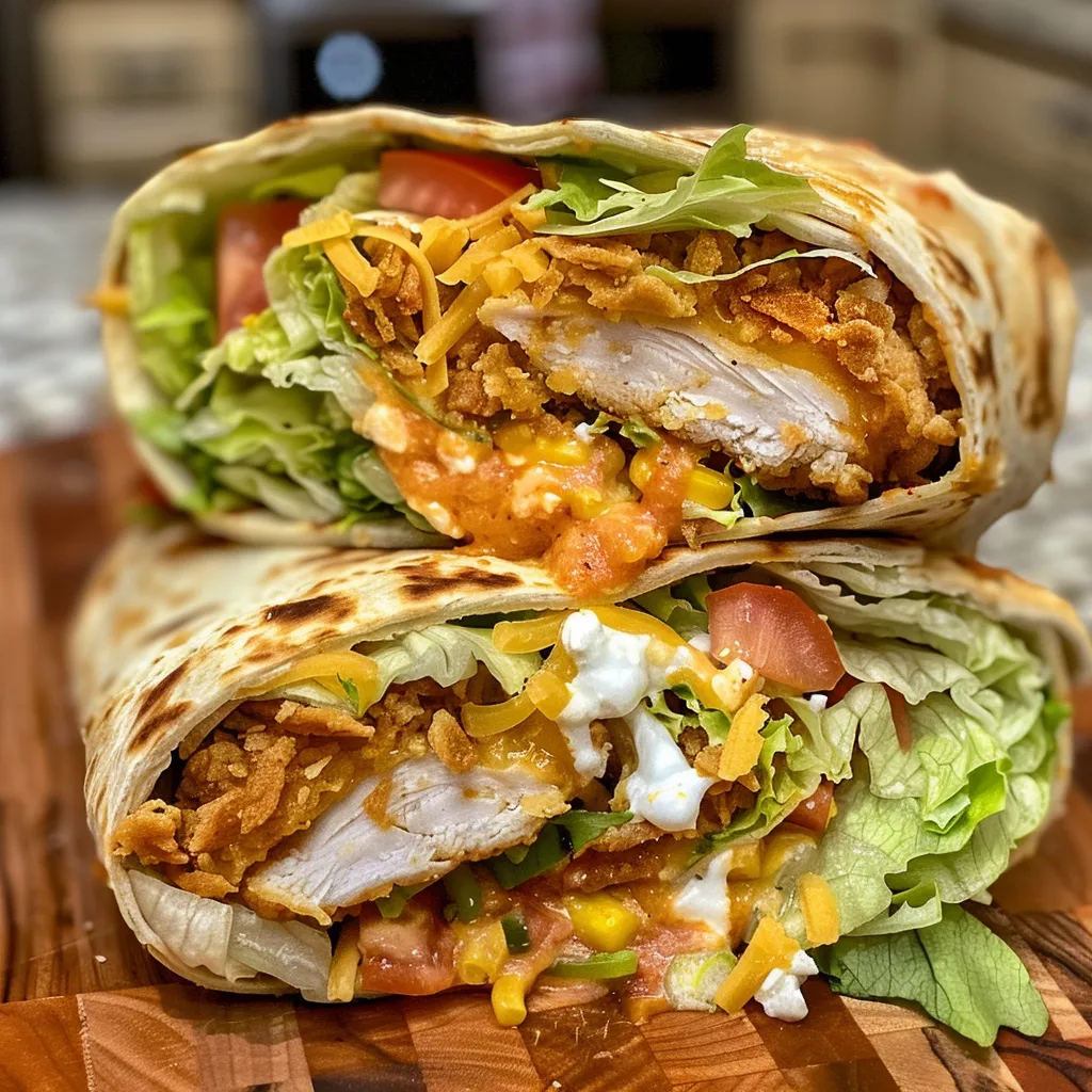Side view of a juicy chicken crunch wrap showcasing its layered ingredients.