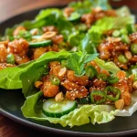 Close-up view of crispy chicken lettuce wraps garnished with herbs.