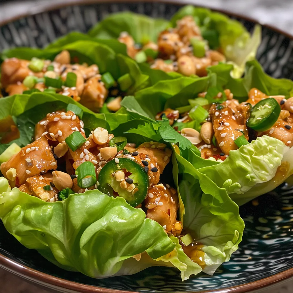 Juicy crispy chicken wrapped in fresh lettuce with diced cucumbers.