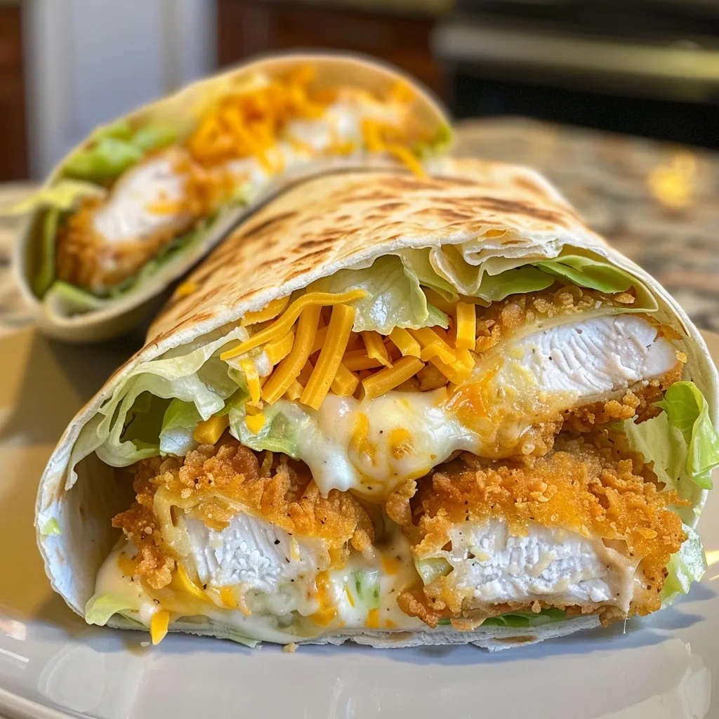 A flavorful chicken wrap showing layers of crispy chicken, lettuce, and ranch dressing.