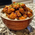 Close-up view of a bowl filled with crispy honey chili chicken, garnished with colorful vegetables.