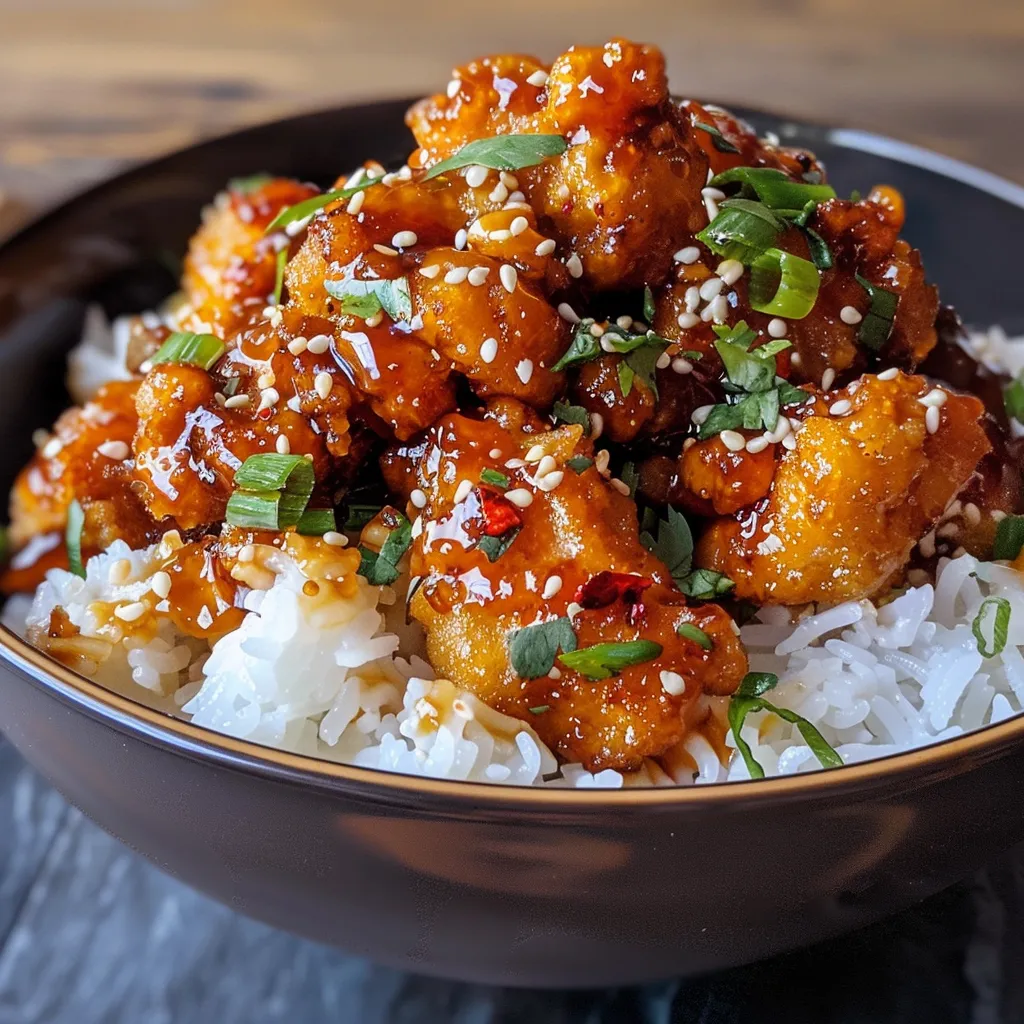 A side view shot of a delicious-looking honey chili chicken bowl with shiny sauce and chicken pieces.