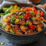 Close-up view of crispy honey garlic chicken bowl with colorful bell peppers and green onions.