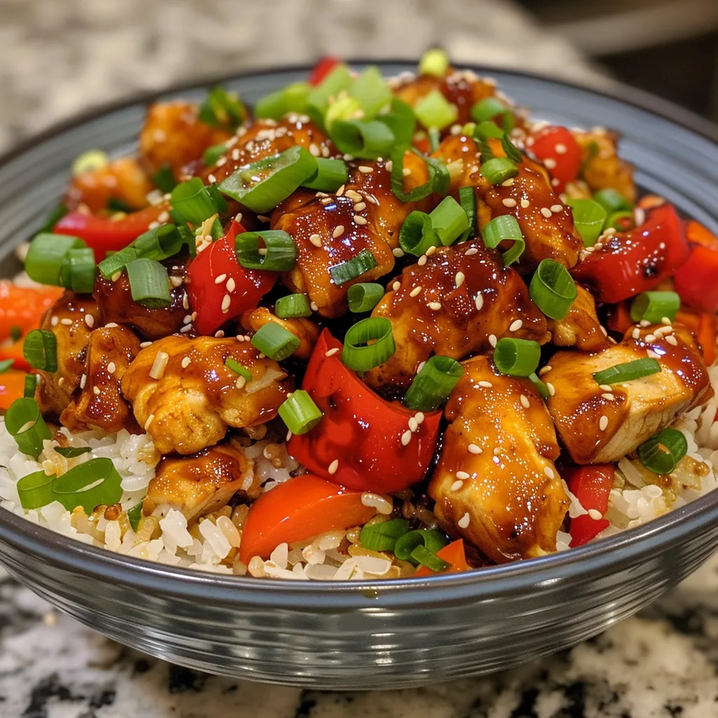 Delicious honey garlic chicken served over rice, garnished with sliced green onions.
