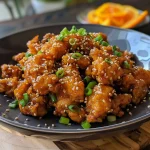 Close-up view of crispy orange chicken garnished with green onions and sesame seeds.