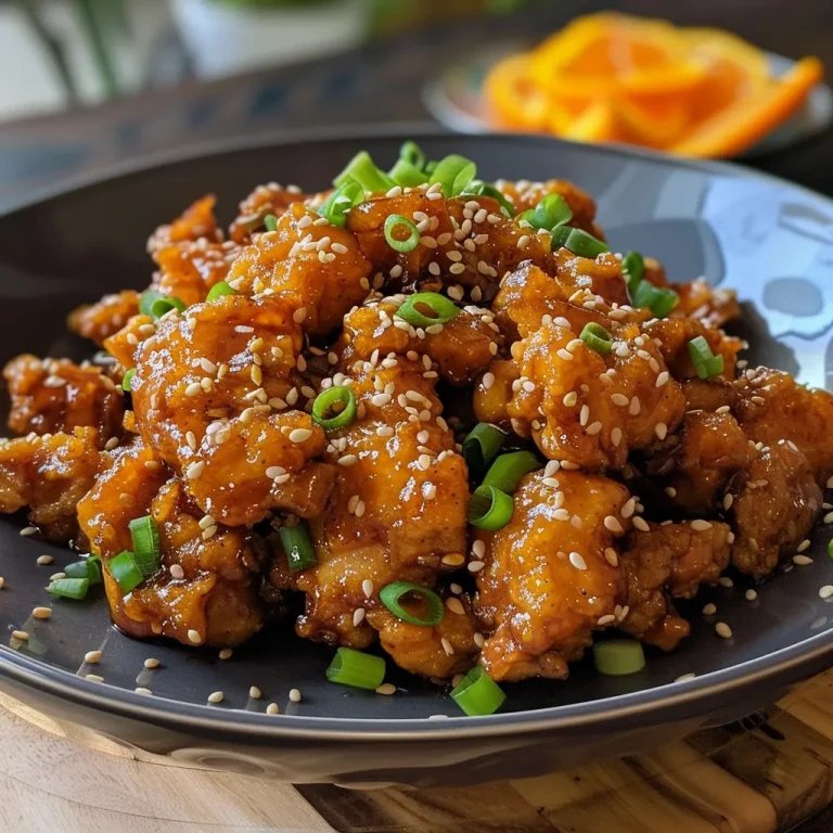 Close-up view of crispy orange chicken garnished with green onions and sesame seeds.