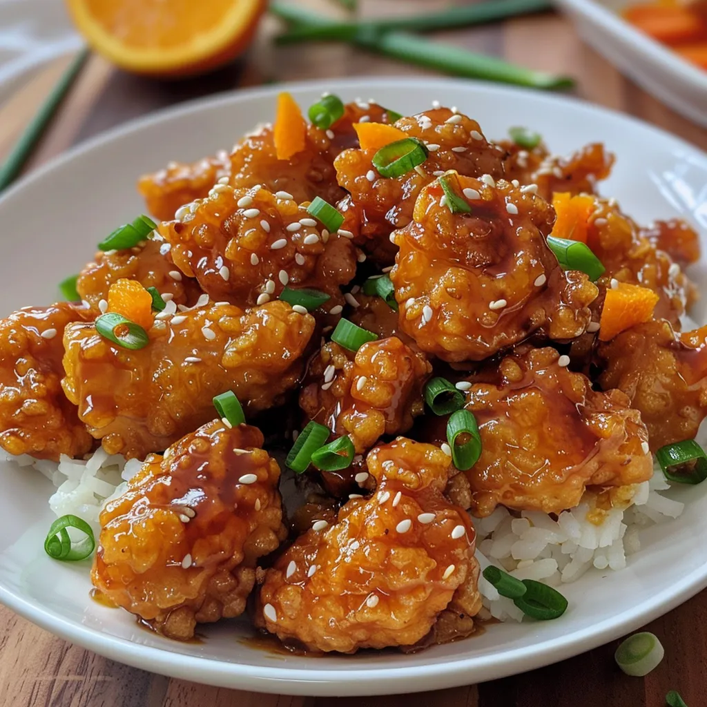 Juicy pieces of orange chicken with a rich glossy sauce, presented on a white plate.