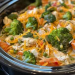 A close-up view of a creamy chicken and veggie casserole in a crockpot, showcasing vibrant vegetables and melted cheese.
