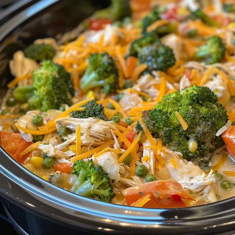 The Cozy Crockpot Chicken and Veggie Casserole That Warms the Heart Close-up view of a creamy Crockpot Chicken and Veggie Casserole, showcasing juicy chicken and colorful vegetables.
