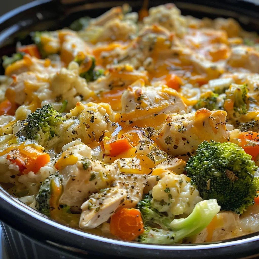Side view of a delicious crockpot chicken casserole with a golden layer of cheese and colorful vegetables.