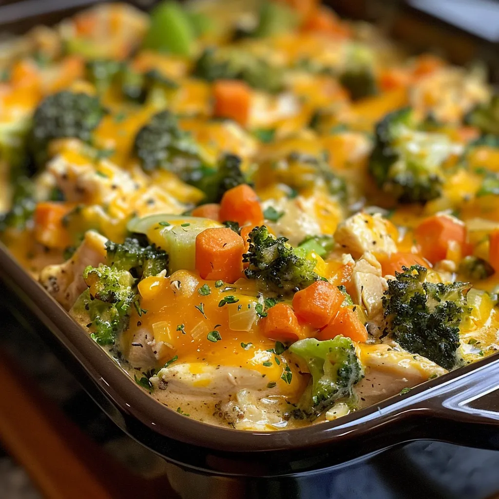 Side view of a delicious Crockpot chicken casserole with melted cheese and colorful vegetables.