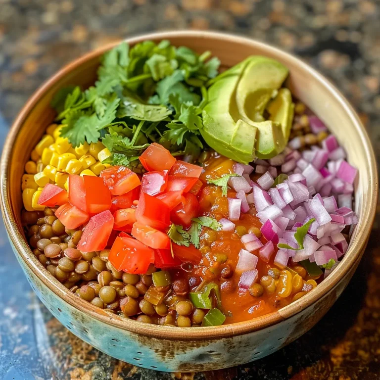 Hearty Crockpot Lentils Burrito Bowl A Bowl Full of Comfort and Flavor Close-up view of a colorful Crockpot Lentils Burrito Bowl with various toppings.