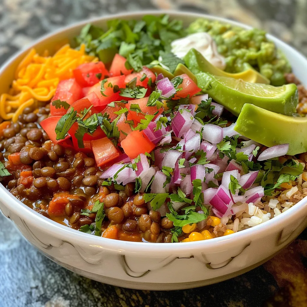 Side angle of a hearty Crockpot Lentils Burrito Bowl showcasing lentils and rice.