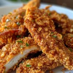 Juicy Crunchy Cornflake Chicken Tenders arranged on a plate.
