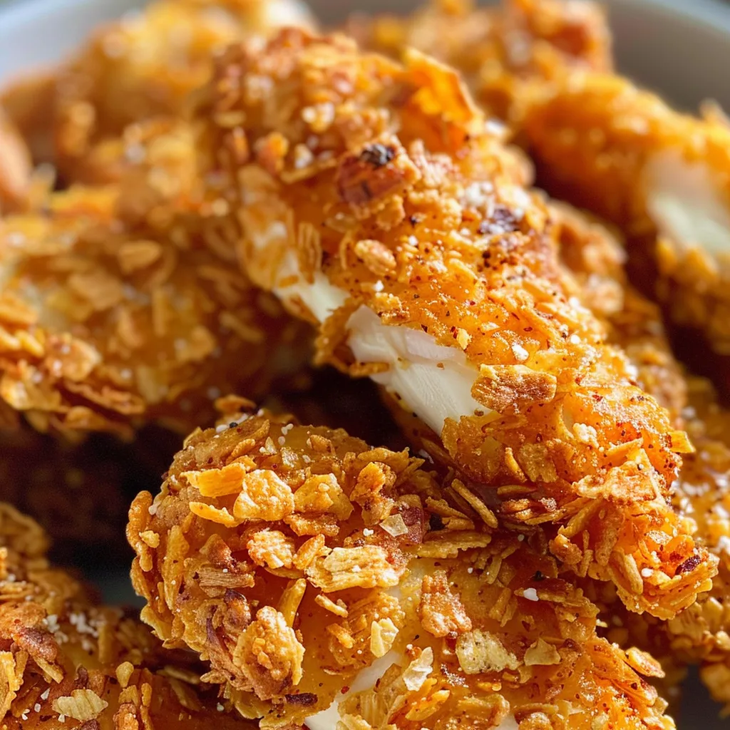 Close-up of golden-brown chicken tenders coated in cornflakes.