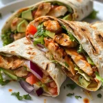 Close-up view of juicy BBQ chicken wraps filled with fresh ingredients.