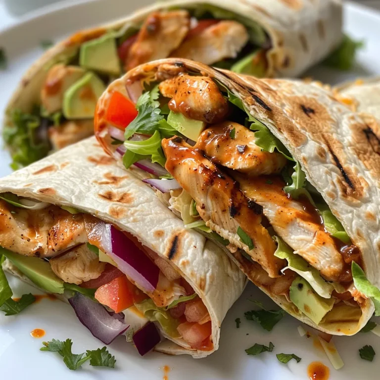 Close-up view of juicy BBQ chicken wraps filled with fresh ingredients.