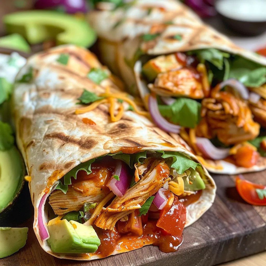 Side view of delicious BBQ chicken wraps showcasing vibrant veggies and toppings.