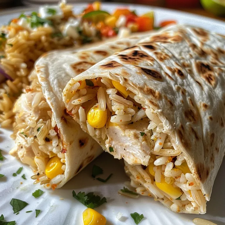 Close-up view of Easy Chicken and Rice Wraps filled with chicken, rice, corn, and cheese.
