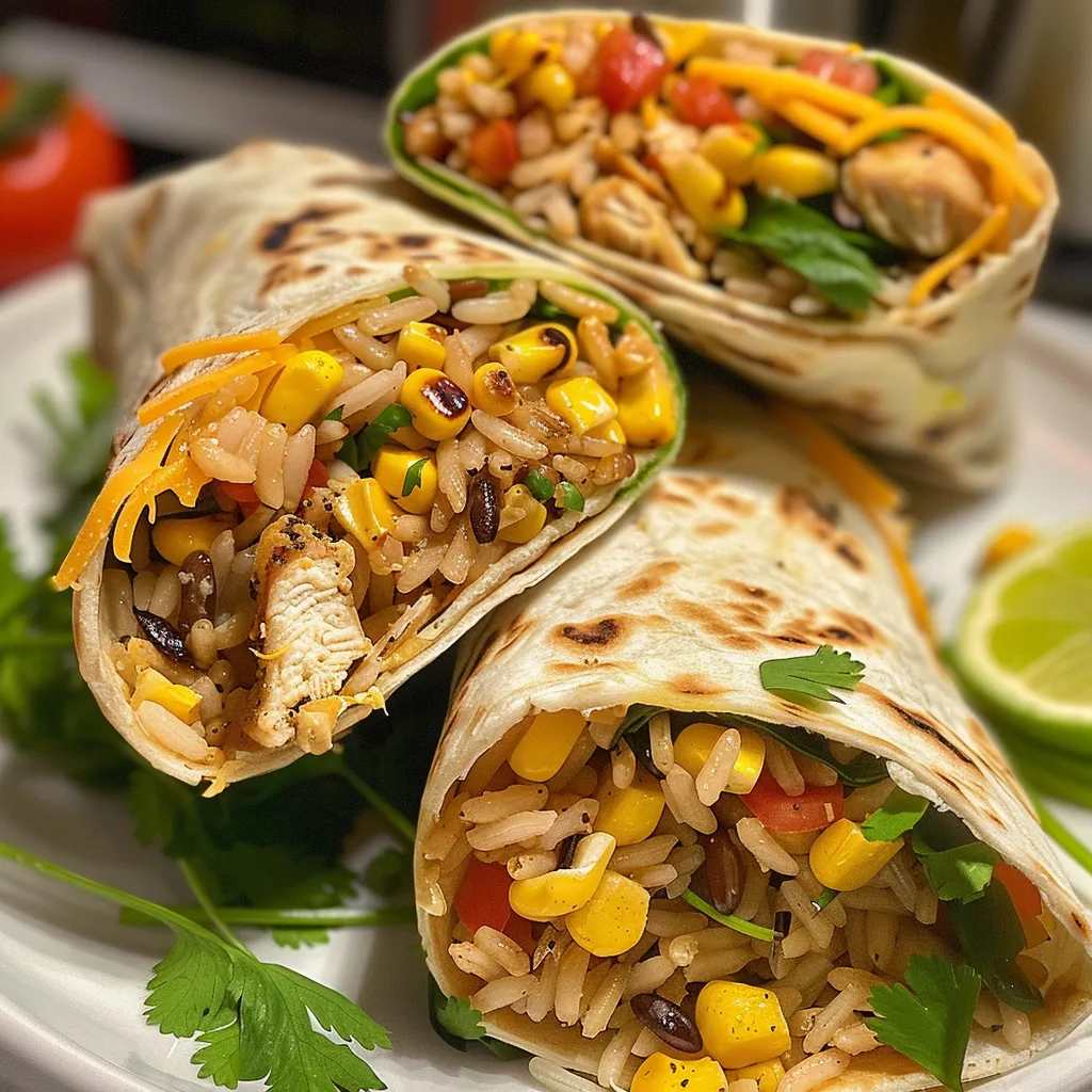 Side view of delicious chicken and rice wraps on a plate, showcasing vibrant ingredients.