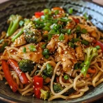 Close-up of a colorful chicken stir fry with noodles, vegetables, and garnishes.
