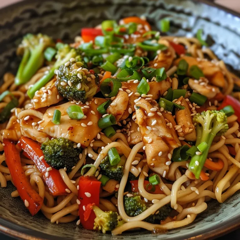 Close-up of a colorful chicken stir fry with noodles, vegetables, and garnishes.