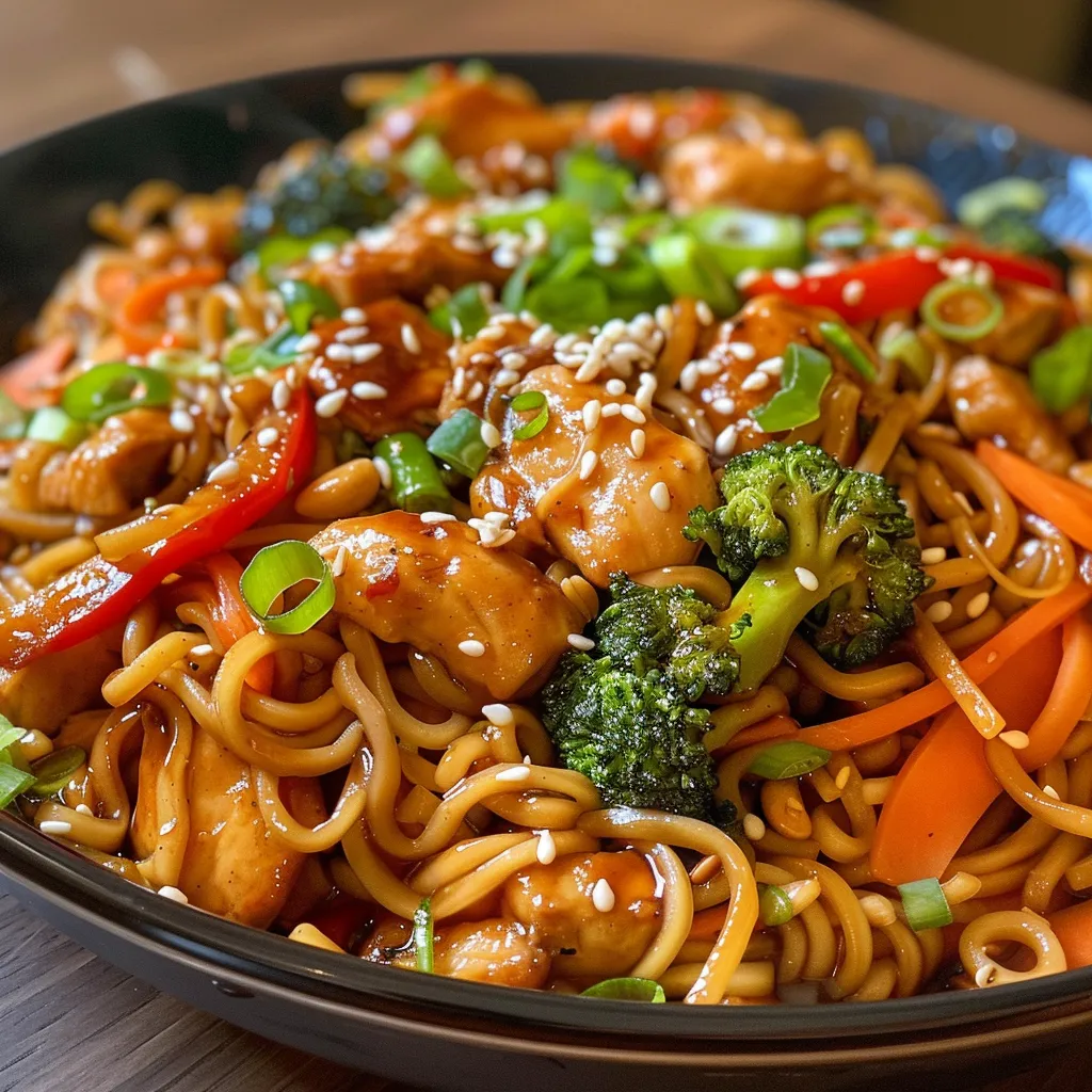Side view of a delicious chicken stir fry with broccoli, bell pepper, and noodles.