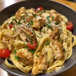 Close-up view of creamy Cajun chicken pasta topped with cherry tomatoes and parsley.