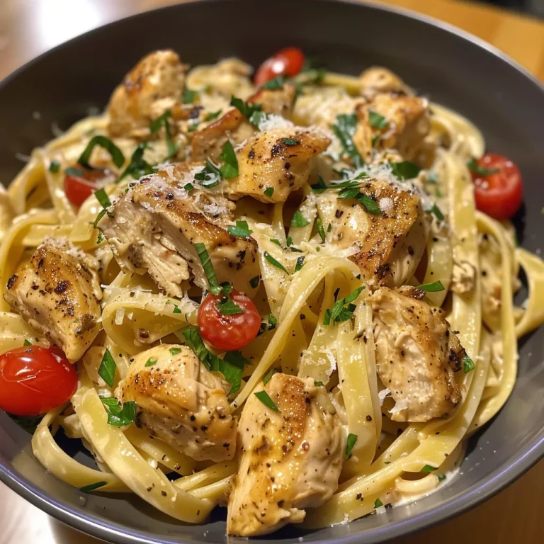 Close-up view of creamy Cajun chicken pasta topped with cherry tomatoes and parsley.