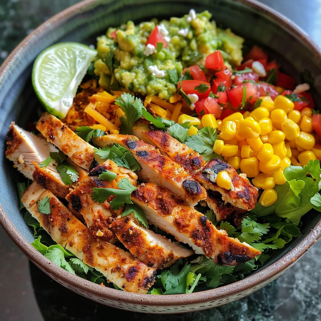 Close-up view of a colorful taco bowl with sliced chicken, fresh herbs, and cheese.
