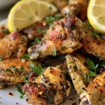 Juicy lemon herb chicken wings arranged on a rustic wooden platter.