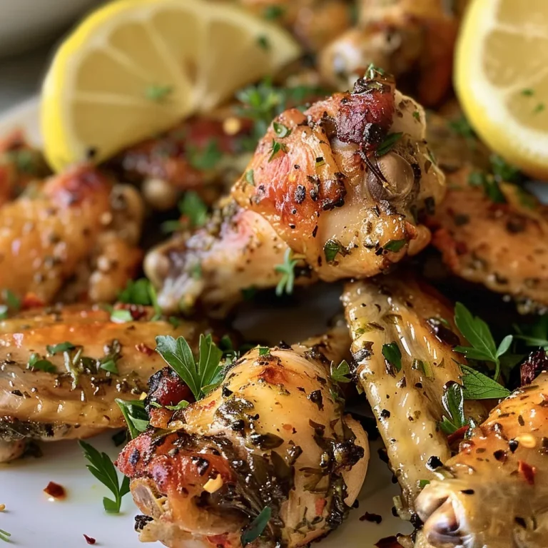 Juicy lemon herb chicken wings arranged on a rustic wooden platter.
