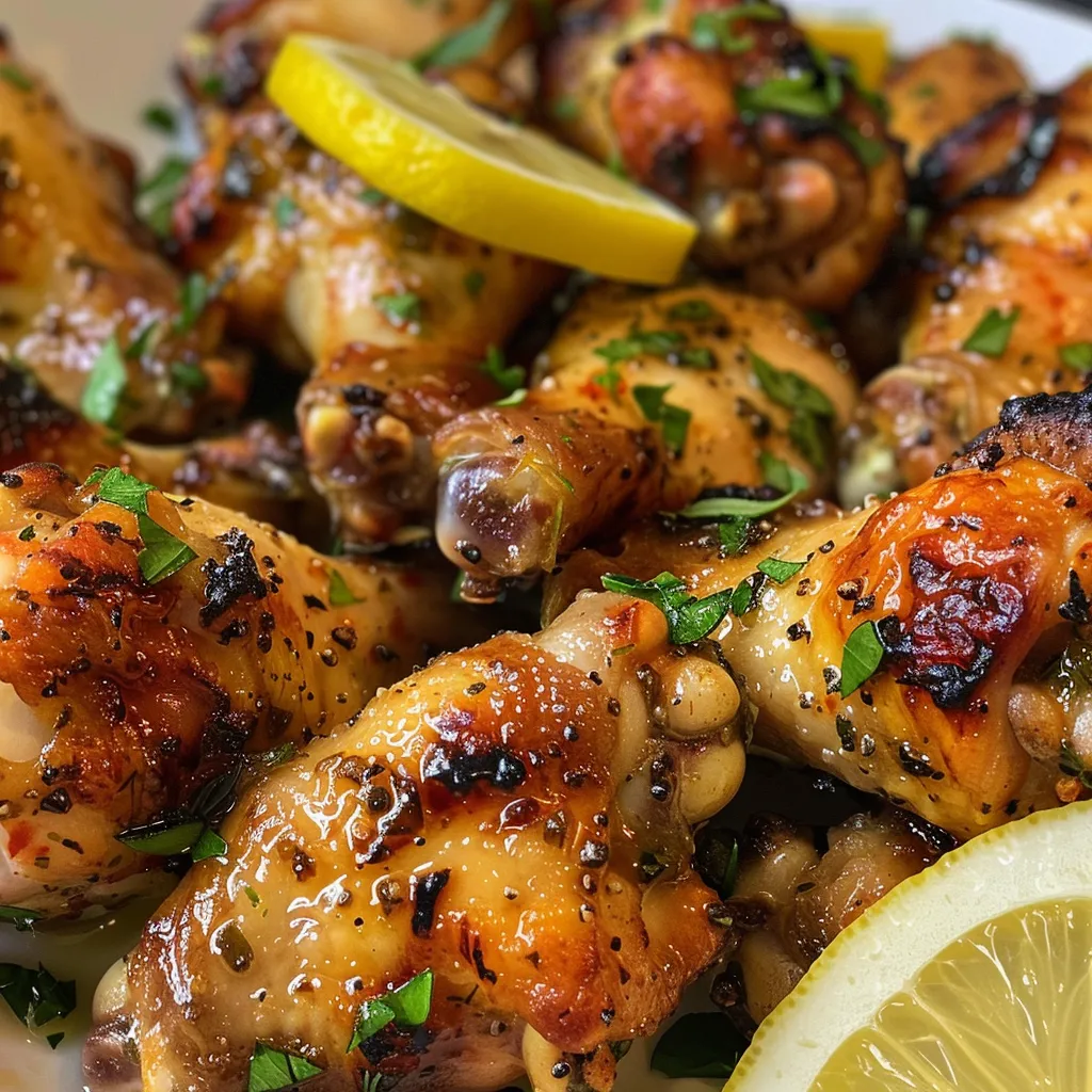 Close-up view of freshly cooked lemon herb chicken wings garnished with herbs.