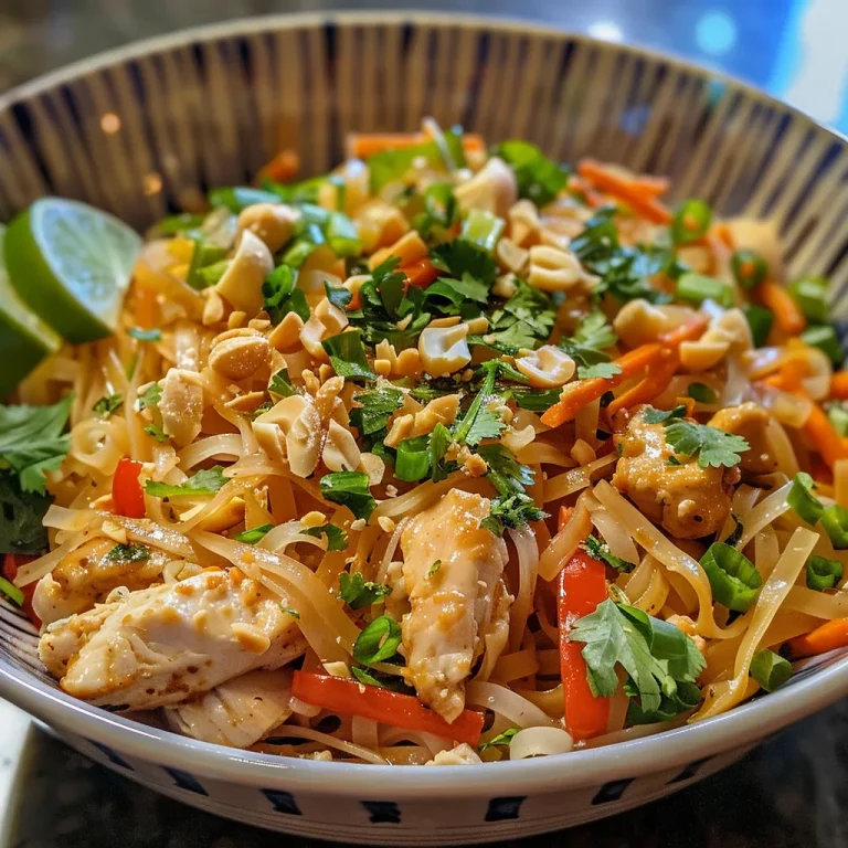 The Pad Thai That Brings Fire and Flavor to Your Family Table Close-up view of Easy Spicy Chicken Pad Thai with colorful ingredients.