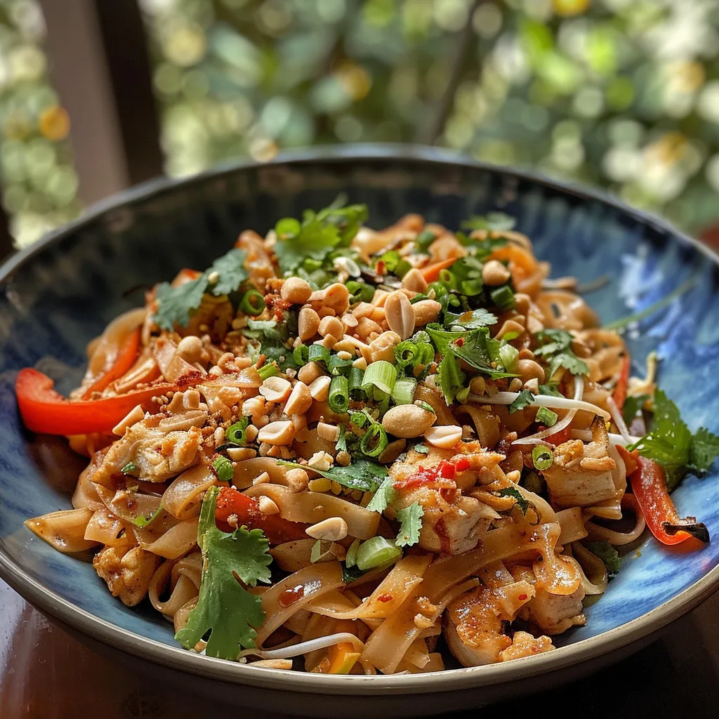 Juicy chicken Pad Thai featuring vibrant vegetables and peanuts.