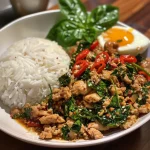 Close-up view of a plate of Easy Thai Basil Chicken with vibrant colors and textures.
