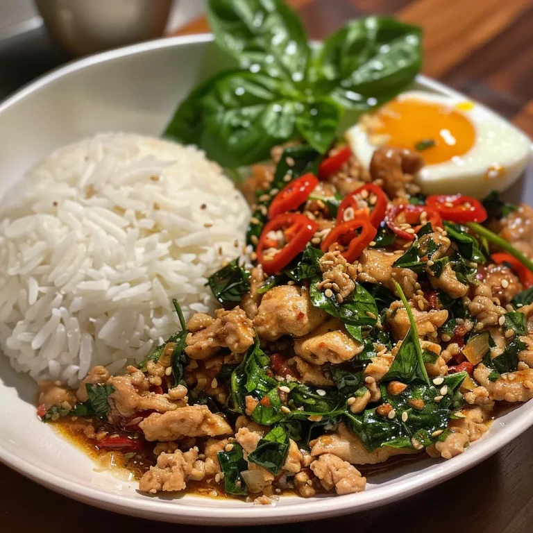 Close-up view of a plate of Easy Thai Basil Chicken with vibrant colors and textures.