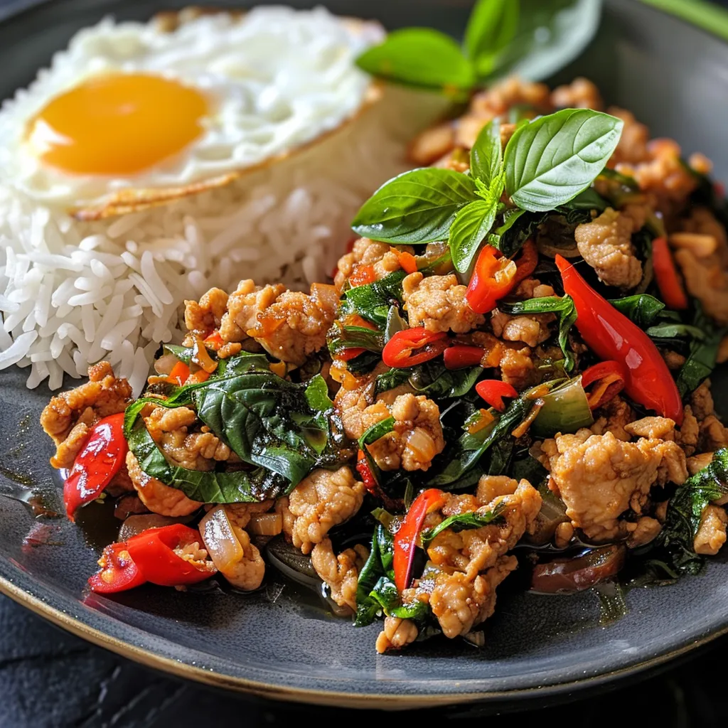 Juicy Easy Thai Basil Chicken garnished with fresh basil leaves on a white background.