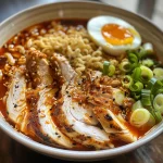 Close-up of a bowl of fiery chicken ramen with creamy garlic sauce, showcasing vibrant colors and garnishes.