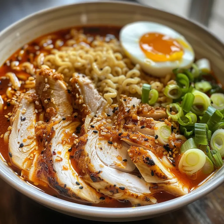 Close-up of a bowl of fiery chicken ramen with creamy garlic sauce, showcasing vibrant colors and garnishes.