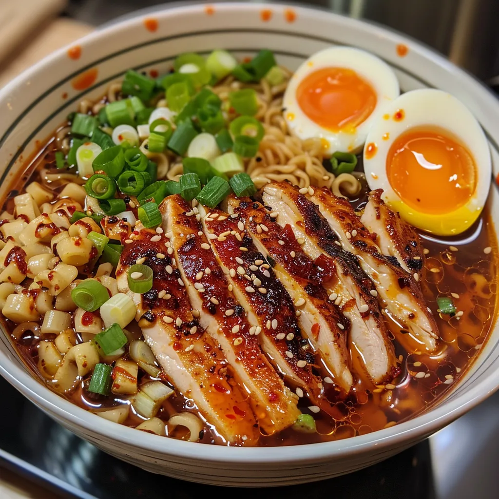Side view of steaming hot fiery chicken ramen, featuring tender chicken breast and soft-boiled eggs.