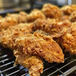 Close-up of golden brown fried chicken bites on a wooden surface.