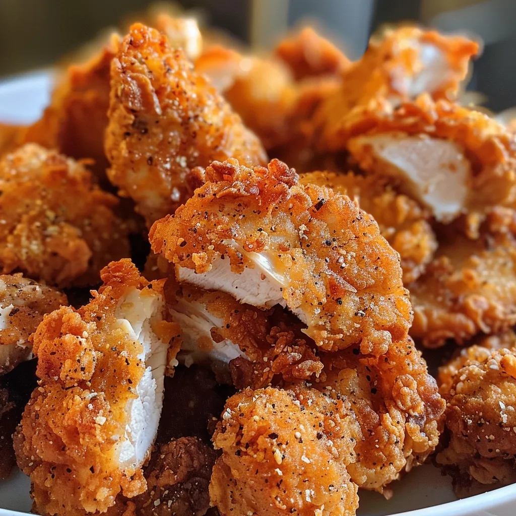 A side view of crispy fried chicken pieces with a juicy interior.