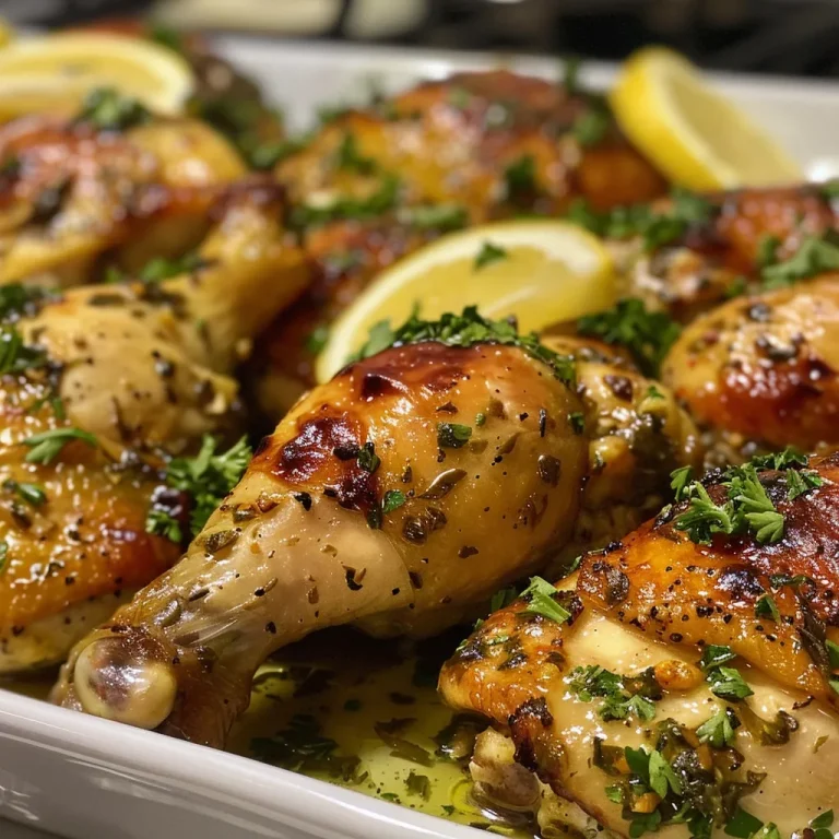 Juicy garlic butter baked chicken breast glistening with melted butter and minced garlic.
