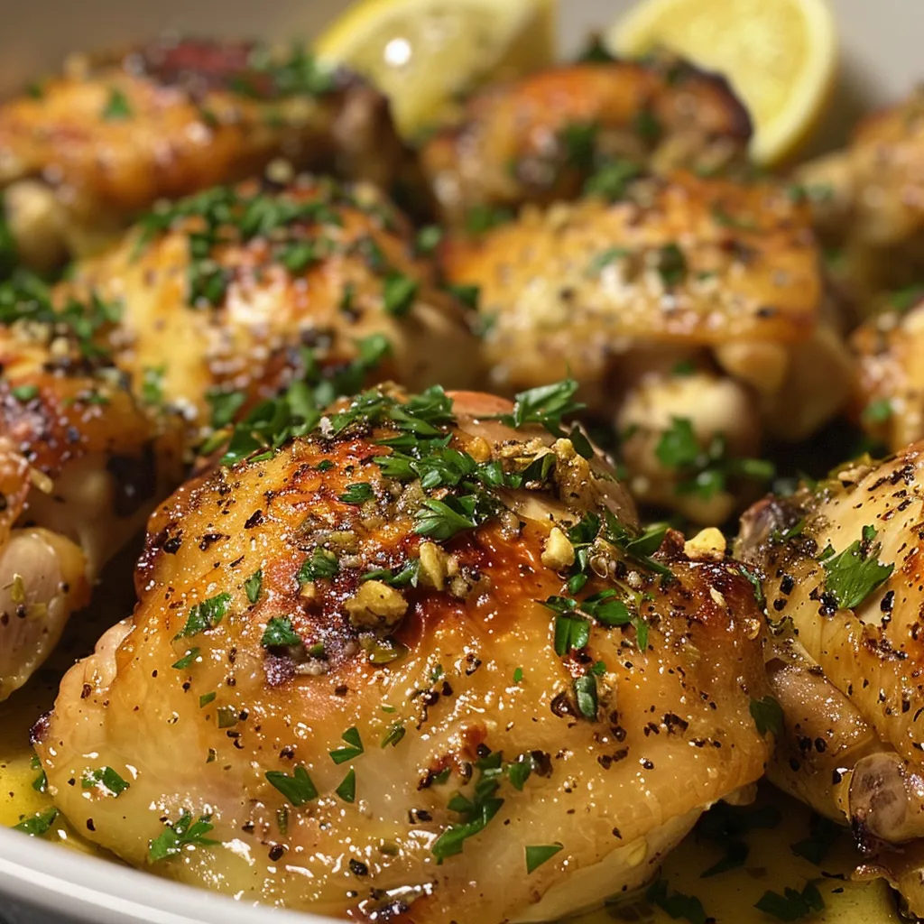 Close-up side view of tender chicken breast topped with garlic butter and parsley.