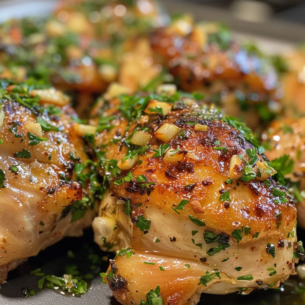 Side view of tender chicken breast topped with garlic and fresh parsley.