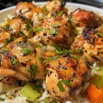 A close-up side view of juicy garlic butter chicken served over fluffy rice with vegetables.