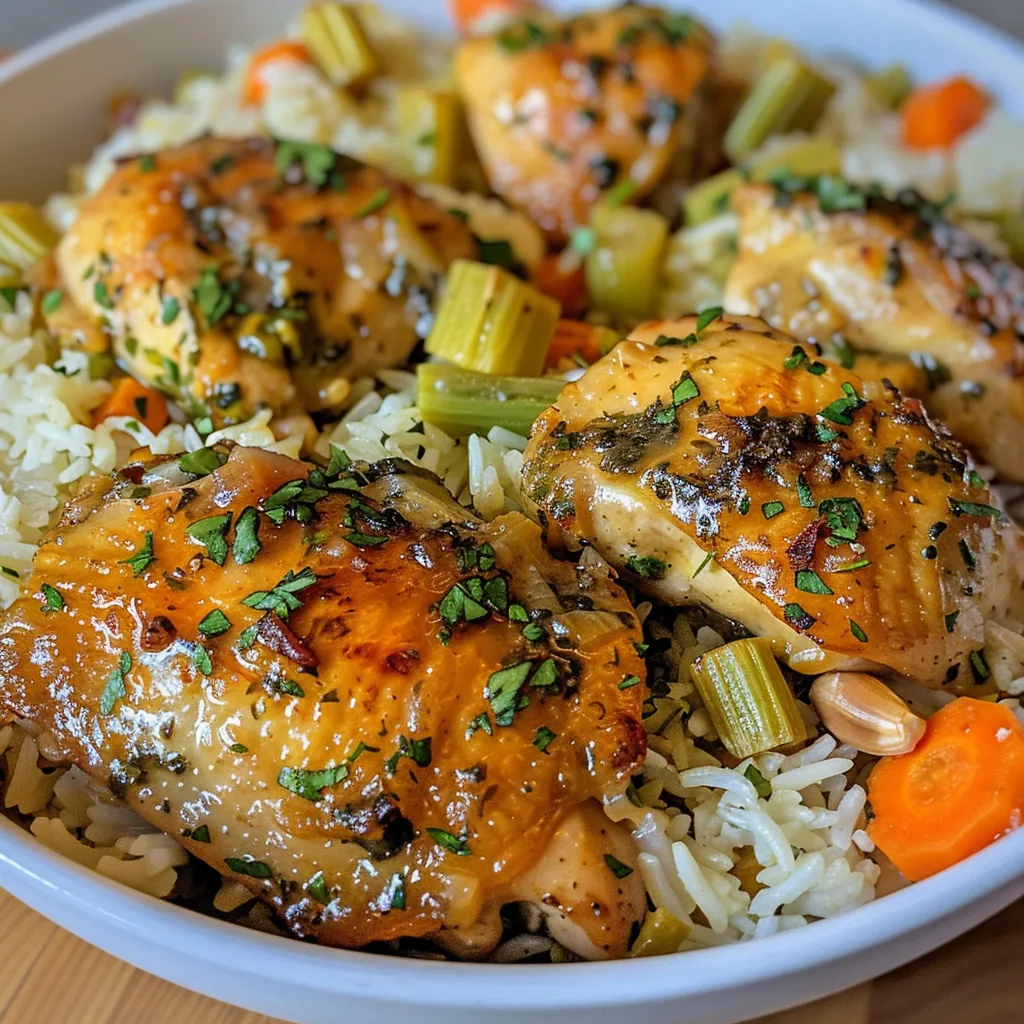 A delicious plate of garlic butter chicken thighs with basmati rice and diced vegetables in a warm setting.