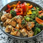 A colorful garlic butter chicken bowl filled with juicy chicken, vibrant mixed vegetables, and grains.