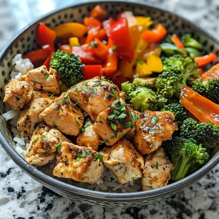 A colorful garlic butter chicken bowl filled with juicy chicken, vibrant mixed vegetables, and grains.